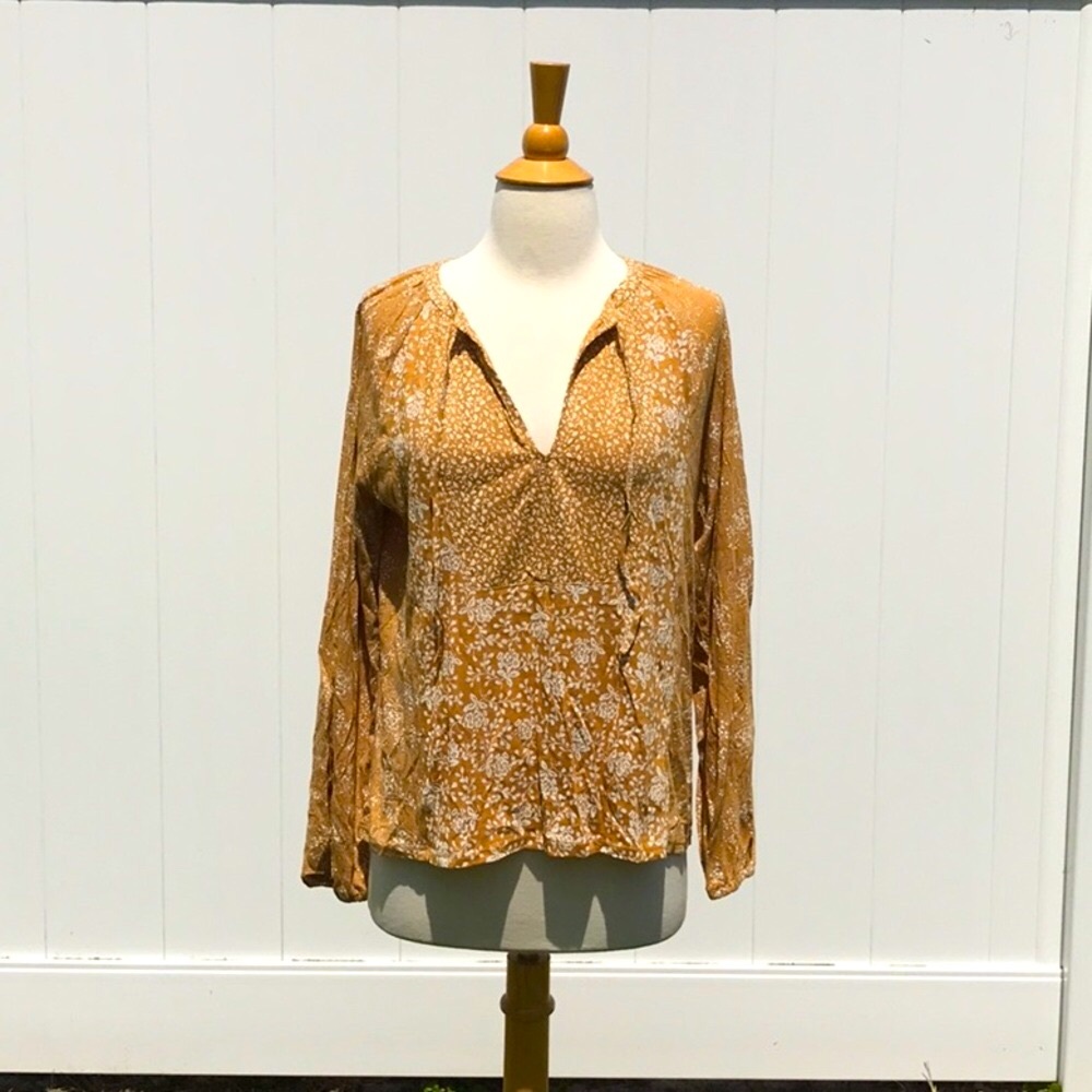 NWT Lucky 🍀 Brand Long Sleeve Mustard White Floral Patchwork Blouse Size Medium